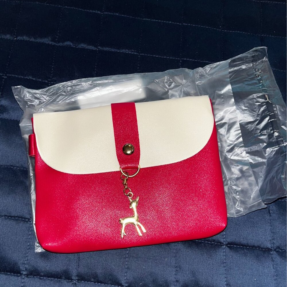 Small Hot Pink Handbag Purse with‎ Gold Deer Pendant - Clutch or Crossbody Bag